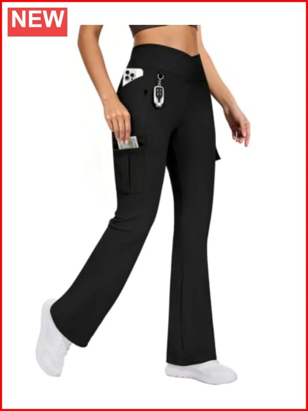 Women's Yoga Flare Leggings 5 Pockets Crossover High Waisted Stretch Cargo Pants